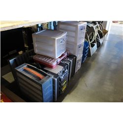 LARGE LOT OF ASSORTED PARTS STORAGE COMPARTMENTS, CASES, ETC
