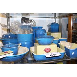 SHELF LOT OF NEW LE CREUSET STONEWARE COOKWARE (BLUE)