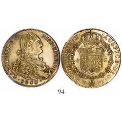 Potosi, Bolivia, bust 4 escudos, Charles IV, 1803PJ, rare, encapsulated NGC AU 53 (only specimen in 