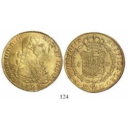 Bogota, Colombia, bust 8 escudos, Charles IV, 1792JJ, no • between J's.