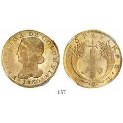 Popayan, Colombia, 8 escudos, 1830UR, encapsulated NGC AU 55, ex-Dr. Frank Sedwick collection.