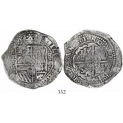 Potosi, Bolivia, cob 8 reales, •1•6•5•0•, assayer O, with crowned-L countermark on cross, rare.
