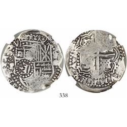 Potosi, Bolivia, cob 8 reales, (1650-1)O, with crown-alone (common) countermark on shield, encapsula