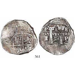 Potosi, Bolivia, cob 8 reales, 1654E, small •PH• at top.