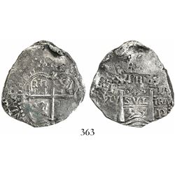 Potosi, Bolivia, cob 4 reales, 1653E, PH at top, rotated denomination 4.