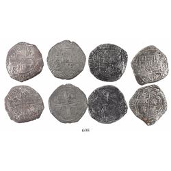 Lot of 4 Potosi, Bolivia, cob 8 reales, Philip II and III, assayers B, R (curved leg) and Q (where v