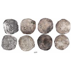 Lot of 4 Potosi, Bolivia cob 8 reales, Philip II and III, assayers B (4th period), RL, R (curved leg
