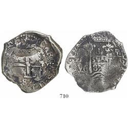 Potosi, Bolivia, cob 8 reales, 1687/5VR, rare overdate.