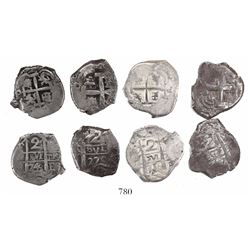 Lot of 4 Potosi, Bolivia, cob 2 reales, Philip V and Charles III, various dates (all visible).