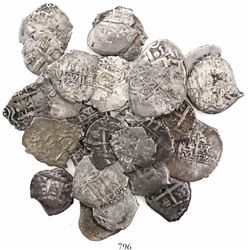 Large lot of 30 Potosi, Bolivia, cob 1R, Philip IV through Charles III, various dates (all visible).