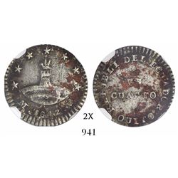 Quito, Ecuador, 1/4 real, 1842MV-S, coin alignment, encapsulated NGC VF Details / environmental dama