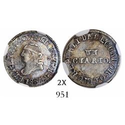 Quito, Ecuador, 1/4 real, 1852GJ, encapsulated NGC AU 58.