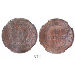 Roman Republic, Italy, copper 1 baiocco, 1849-R, encapsulated NGC MS 64 BN.