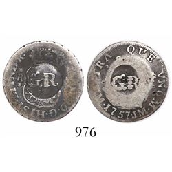 Jamaica, 10 pence, "GR" counterstamp on a Lima, Peru, pillar 1 real of 1757JM.