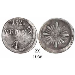 Caracas, Venezuela, 1/4 real, 1821, variety with 1*9 in center, 8 large rays and 16 medium rays, ver