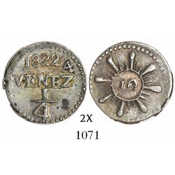 Caracas, Venezuela, 1/4 real, 1822, variety with 8 long, fat rays and 16 short rays, very rare.