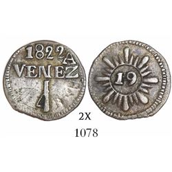 Caracas, Venezuela, 1/4 real, 1822, variety with no crossbar in denomination, 8 fat rays and 16 medi