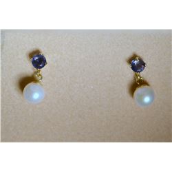 14K Gold Freshwater Pearl & Iolite Earrings