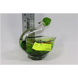 GREEN ART GLASS PEACOCK DISH WITH DECORATIVE GLASS