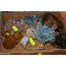 FLAT OF 7 DECORATIVE ART GLASS DISHES