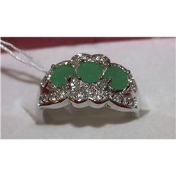 .925 SILVER NATURAL EMERALD & CZ RING - SIZE 7.5