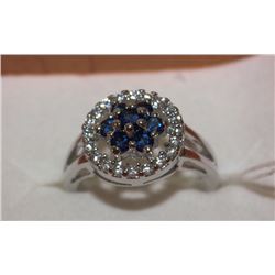 .925 SILVER NATURAL SAPPHIRE & CZ RING - SIZE 5.5