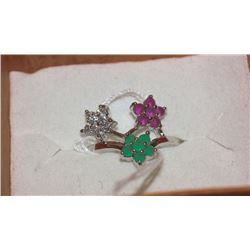 .925 SILVER NATURAL RUBY, EMERALD & CZ RING -