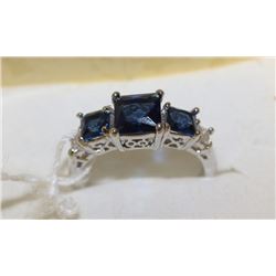 .925 SILVER NATURAL SAPPHIRE & CZ RING - SIZE 5.5