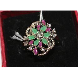 .925 SILVER NATURAL RUBY, EMERALD & CZ RING -