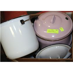 VINTAGE PINK ENAMEL POT AND ASSORTED ENAMELWARE