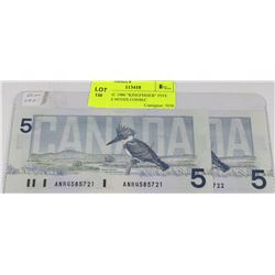 GEM UNC 1986 "KINGFISHER" FIVE DOLLAR NOTES CONSEC