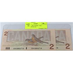 GEM UNC 1986 "ROBIN" TWO DOLLAR NOTES X2