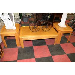 WOODEN COFFEE TABLE & 2 END TABLES