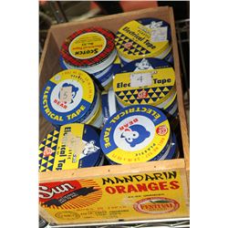 WOOD CRATE W VINTAGE ELECTRICAL TAPE TINS
