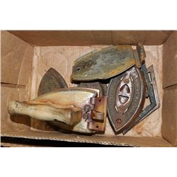 BOX OF ANTIQUE SAD IRONS