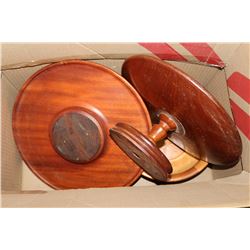BOX OF WOODEN SERVING PLATTERS