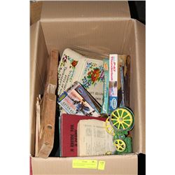 BOX OF ASSORTED COLLECTIBLES INCLUDES BOOKS,
