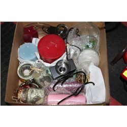 BOX FULL OF CANDLES & CANDLE HOLDERS