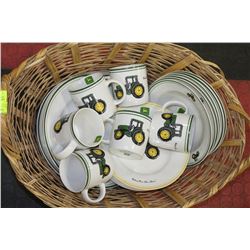 LARGE WICKER BASKET W/ 24PC 'JOHN DEERE' SET