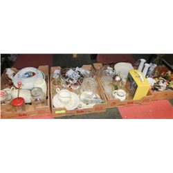 FOUR FLATS OF ASSORTED DISHWARE, COLLECTIBLES &