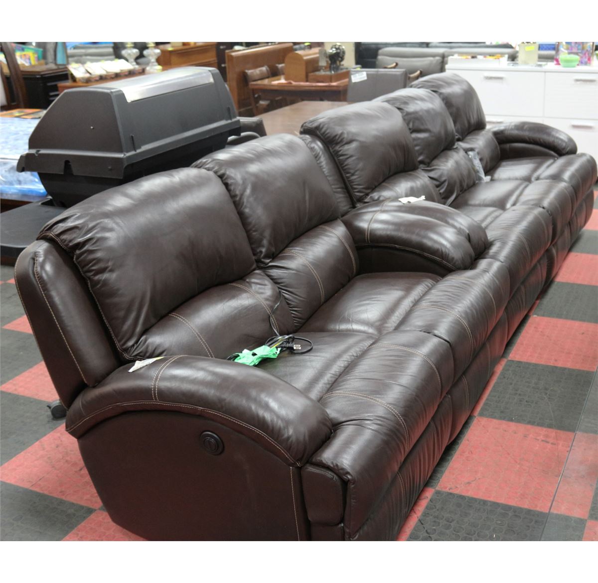 BROWN LEATHER ELECTRIC RECLINING 7FT SOFA WITH