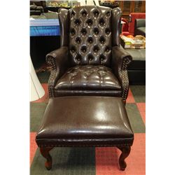 BROWN LEATHERETTE WING BACK PARLOR CHAIR WITH