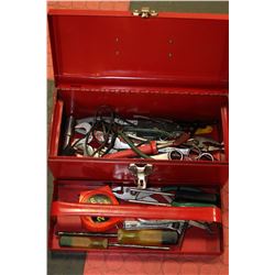 RED METAL TOOLBOX WITH CONTENTS