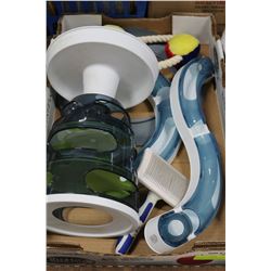 BOX OF CAT TOYS INCLUDING A SUPER ROLLER, FOOD