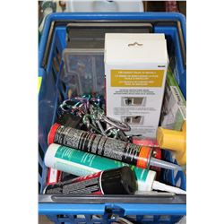 BLUE CRATE OF VARIOUS HARDWARE & TOOLS