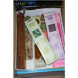 BOX OF INCENSE BURNERS & INCENSE STICKS
