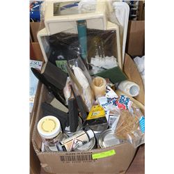 BOX OF NEW STAIN & PAINTING SUPPLIES