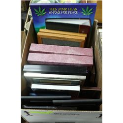 BOX W/ PLAQUES, PICTURES, FRAMES, ETC.