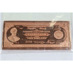 1oz .999 PURE COPPER ART BAR. US $5 CLEVELAND NOTE