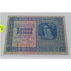 1922 AUSTRIAN 1000 KRONEN BANKNOTE